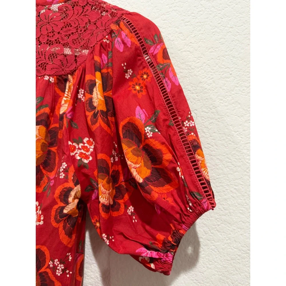 Farm Rio Floral Lace Blouse Red XS Puff Sleeve Button up Boho Lightweight Cotton